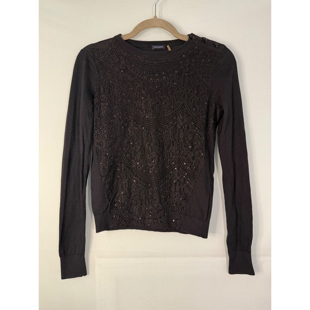 Magaschoni Lace Sequin Sweater Womens XS Black Excellent‎ Cashmere Blend Button
